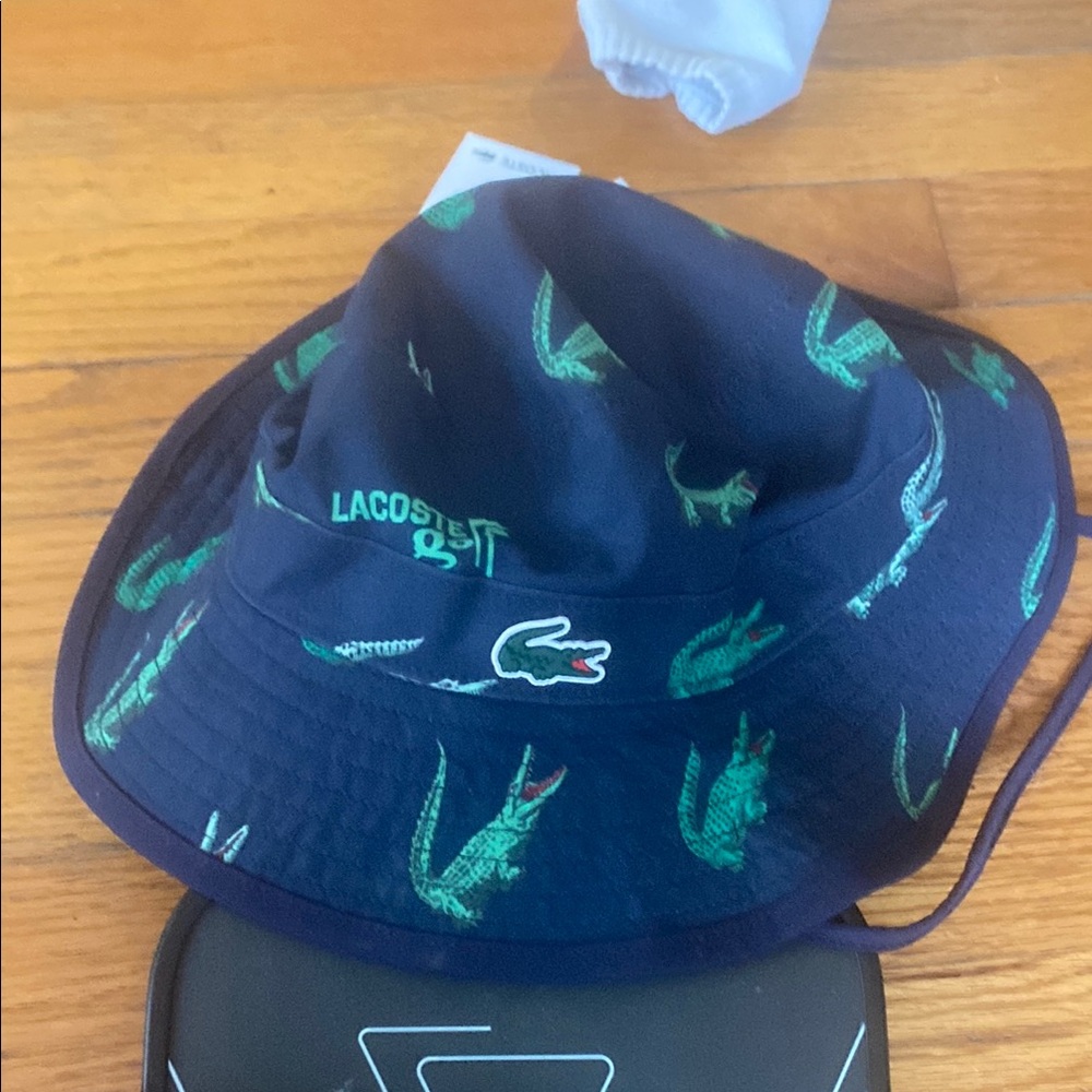 Lacoste Navy Bucket Hat with Green Crocodile Print